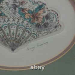 Jenny Tapping Etching Print Signed Flower Fan Framed Ladies Folding Fan