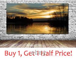 LAKE SUNSET SCENERY CANVAS WALL ART Framed YELLOW NATURE PICTURE PRINT