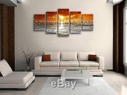 Large Stretched Canvas Prints HD Red Beach Sunset Glow Framed 5 Pcs Wall Art