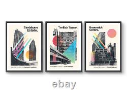 London Brutalism Mid-Century Art, Set of 3 Modern Architecture Prints, Graphic