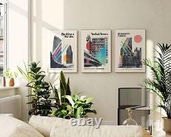 London Brutalism Mid-Century Art, Set of 3 Modern Architecture Prints, Graphic