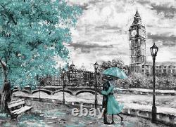 London Oil Painting Big Ben Duck Egg Blue Umbrella Canvas Wall Art Picture Print