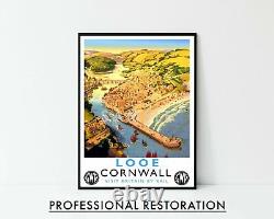 Looe Cornwall Poster, British Railway Travel Print, framed A6 A5 A4 A3 A2 A1