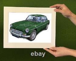 MGB GT green vintage car Mounted or Framed Unique Art Print fudgy draws gift