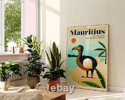 Mauritius Africa Vintage Travel Poster, Beach and Palm Tree Wall Art, Dodo Sea