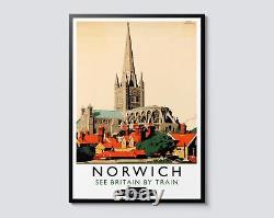 Norwich British Railways Vintage Travel Print, Cathedral City Architecture Wall