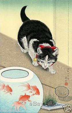 OHARA KOSON Shoson JAPANESE Woodblock Print SHIN HANGA Cat & Goldfish Bowl