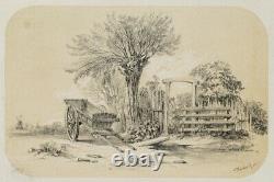 P. LOESCHER (19th century), carts at the garden in flat landscape, Lith