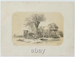 P. LOESCHER (19th century), carts at the garden in flat landscape, Lith
