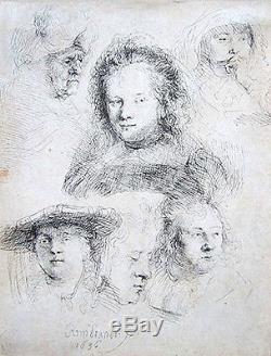 REMBRANDT Original 1636 Etching Studies of the Head of Saskia and Others
