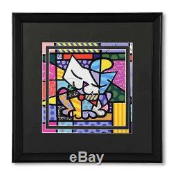 ROMERO BRITTO LARGE SUGAR CAT FRAMED PRINT DISCONTINUED With BLACK FRAME BLACK