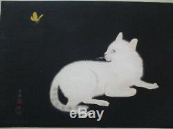 Rare Japanese Woodblock Print Cat Kitten Kitty White Butterfly Yellow Vintage