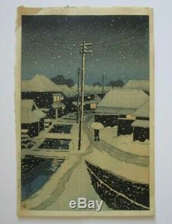 Rare Kawase Hasui Japanese Woodblock Print Night Snow Mountain People Urban