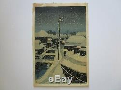 Rare Kawase Hasui Japanese Woodblock Print Night Snow Mountain People Urban