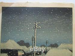 Rare Kawase Hasui Japanese Woodblock Print Night Snow Mountain People Urban