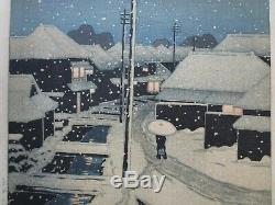 Rare Kawase Hasui Japanese Woodblock Print Night Snow Mountain People Urban