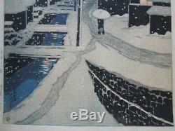 Rare Kawase Hasui Japanese Woodblock Print Night Snow Mountain People Urban