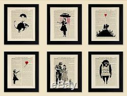 SET OF 6 FRAMED ART PRINTS ON OLD ANTIQUE BOOK PAGE, BANKSY, Girl with Balloon
