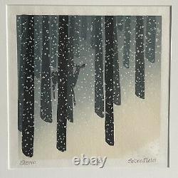 Sabra Field Storm Artist Proof Woodblock Print Deer In Snow Storm Forest Woods