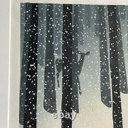 Sabra Field Storm Artist Proof Woodblock Print Deer In Snow Storm Forest Woods