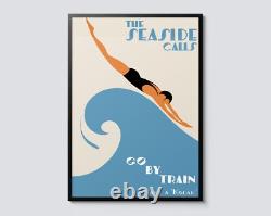 Seaside Calls Britain Vintage Travel Poster, Beach Swim Sea Wall Art, UK