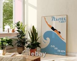Seaside Calls Britain Vintage Travel Poster, Beach Swim Sea Wall Art, UK