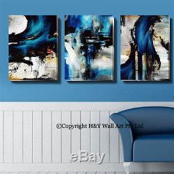 Set Of 3 Abstract Blue Stretched Canvas Prints Framed Wall Art Decor Painting AU