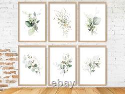 Set of 6 Prints- Botanical Green Gold Effect Art PRINT Flower Leaves Poster