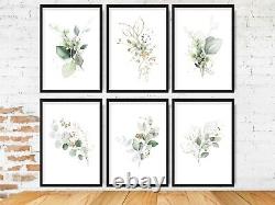 Set of 6 Prints- Botanical Green Gold Effect Art PRINT Flower Leaves Poster