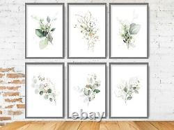 Set of 6 Prints- Botanical Green Gold Effect Art PRINT Flower Leaves Poster