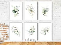 Set of 6 Prints- Botanical Green Gold Effect Art PRINT Flower Leaves Poster