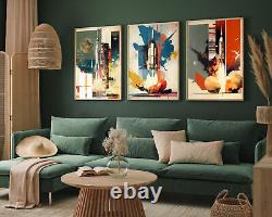 Set of Three Rocket Posters, Space Launch Painting, Sci-Fi Art Print Galaxy