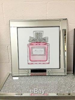 Sparkly Diamond Crystal Miss Dior Pink Bottle Mirrored 60cm Picture 3D Wall Art