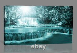 Teal Waterfall Trees Landscape Canvas Wall Art Picture Print