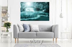 Teal Waterfall Trees Landscape Canvas Wall Art Picture Print