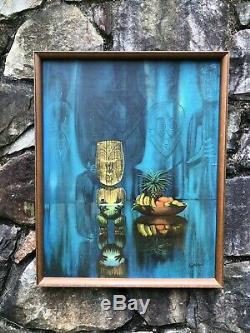 Vintage AUGUST HOLLAND Pearl Of Wisdom FRAMED Tiki Bar PRINT Polynesian MCM 1960