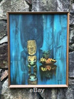 Vintage AUGUST HOLLAND Pearl Of Wisdom FRAMED Tiki Bar PRINT Polynesian MCM 1960