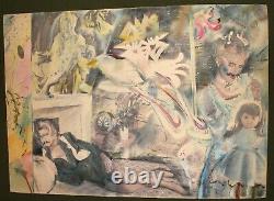 Vintage Abstract Surrealist Figures Portrait Painted Print Signed