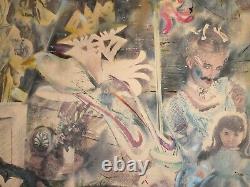 Vintage Abstract Surrealist Figures Portrait Painted Print Signed