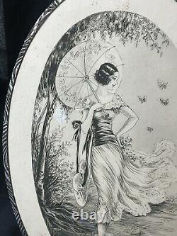 Vintage Art Nouveau Deco Jacques Dorval Etching Au Printemps Paris Glass Girl