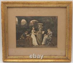 Vintage Framed Lithograph Print of Woman Playing Harp Child Writing Mother Baby