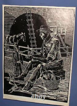 Vintage abstract print landscape of a fisherman