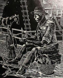 Vintage abstract print landscape of a fisherman