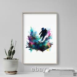 Watercolour Silhouettes Scuba Diving Poster, Art Print, Painting, Artwork