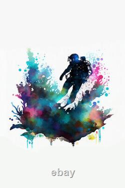 Watercolour Silhouettes Scuba Diving Poster, Art Print, Painting, Artwork