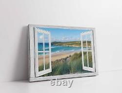 Window frame Canvas picture Print. Crantock beach, Newquay