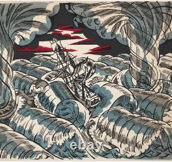 1928 EDWARD BAWDEN Tempête en Mer Illustration en Pochoir Colorée à la Main environ 5x5 pouces