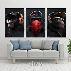 3 Singes Swag Toile Banksy 3 Panneaux Divisés Art Mural des Trois Sages Singes