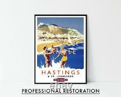 Affiche Hastings, Impression britannique de voyage ferroviaire vintage, encadrée A6 A5 A4 A3 A2 A1