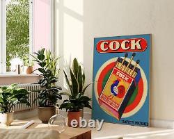 Affiche d'illustration vintage de Cock Matchbox, publicité rétro amusante de poulet, mur